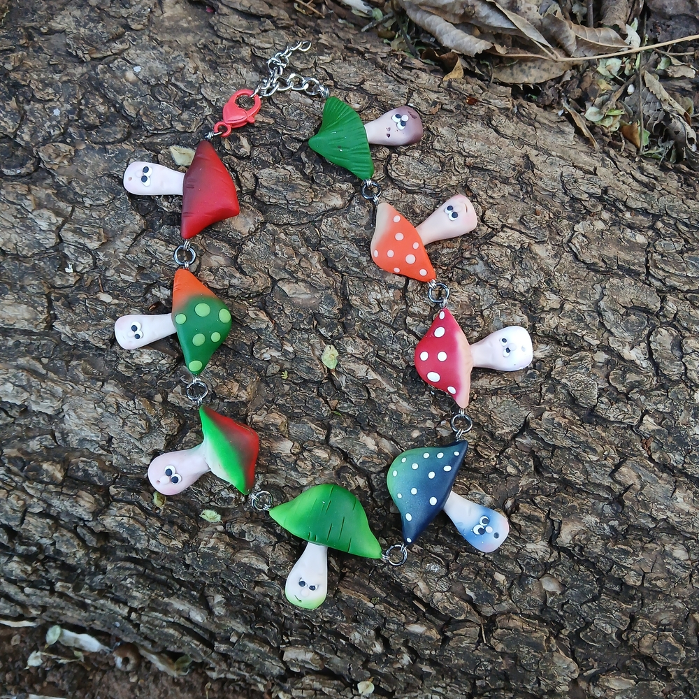 Whimsical Mushroom Necklace in Green, Blue & Red - Picture 3 of 8
